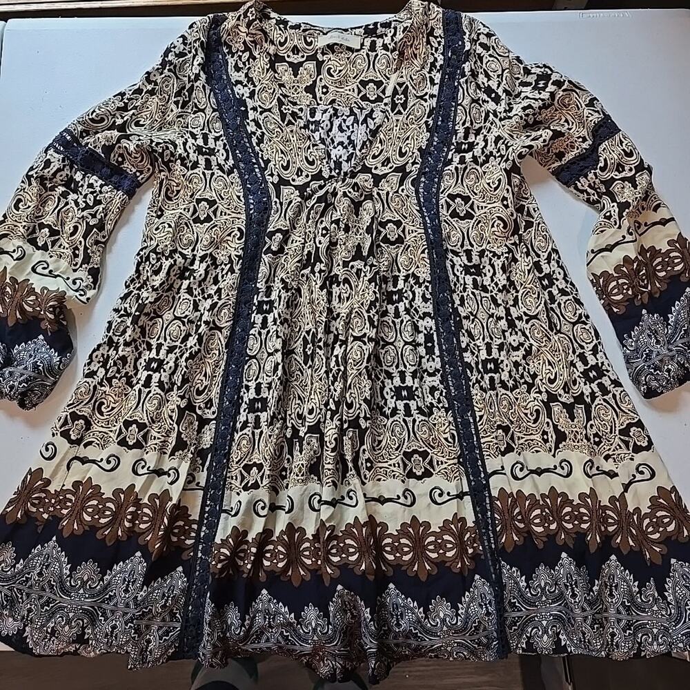 Alter'd State Blue Black Brown Tan Boho Mini Skater Dress Size Small